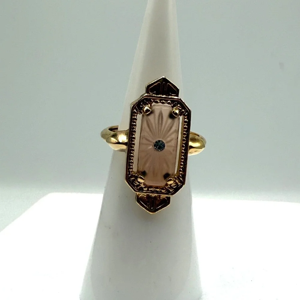 Avon Frostlights Pink Camphor Glass Ring Gold Tone Vintage Art Deco Size 5.5